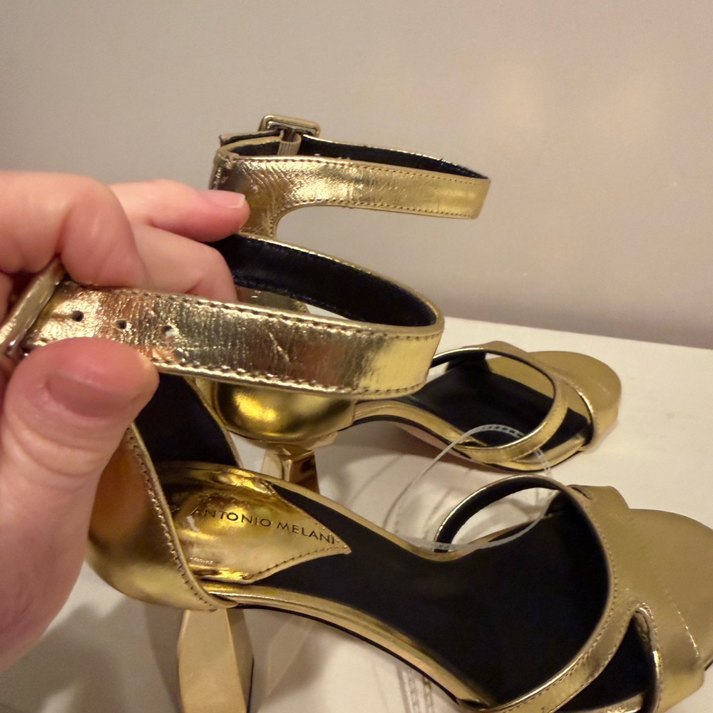 Antonio Melani Calla Leather Double Banded Dress Sandals in Cracked Foil Gold - Picture 13 of 15